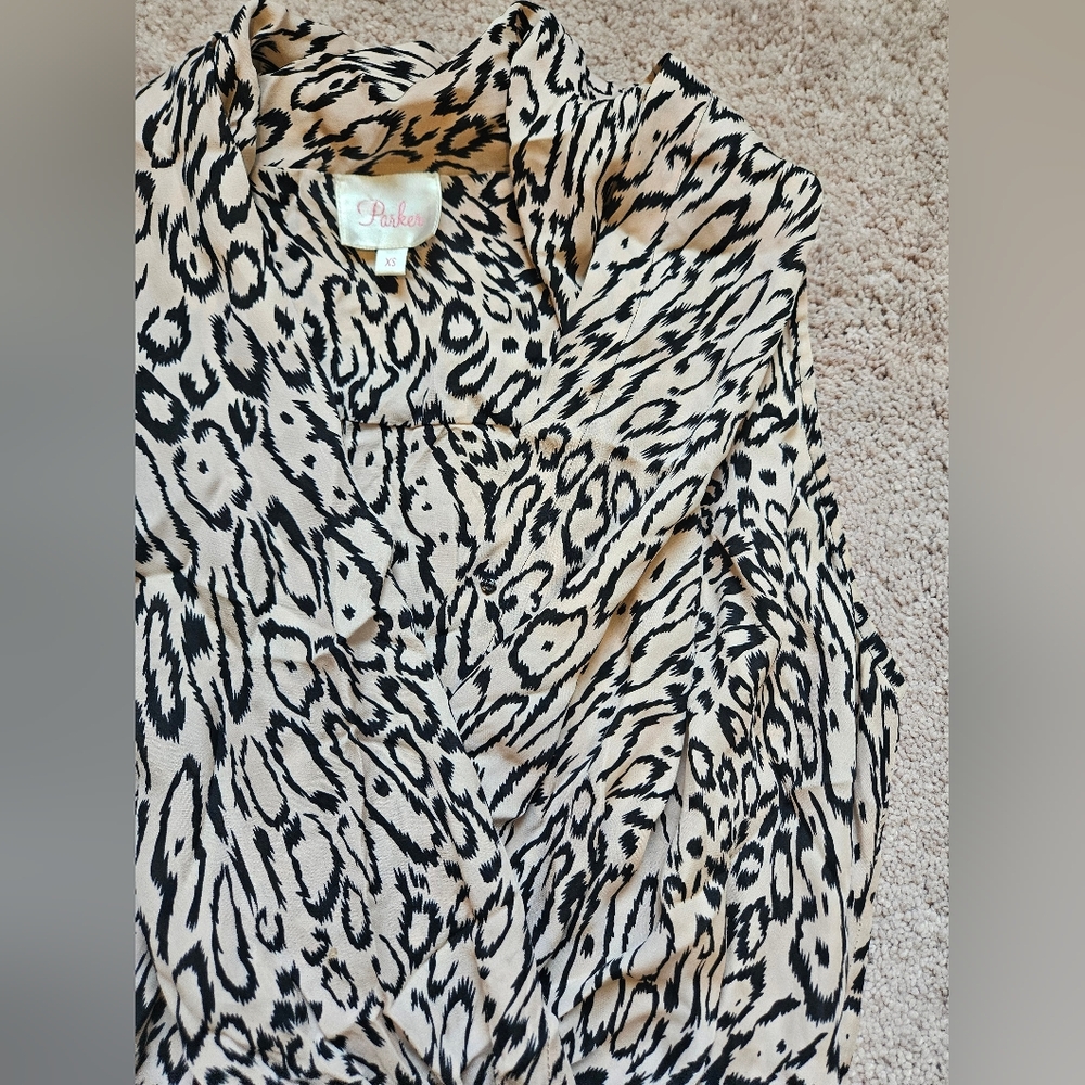Parker XS Wrap Surplice Leopard Animal Print Midi Dress Sleeveless 100% Silk